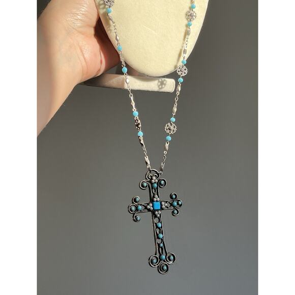 Necklace Filagree Roman Cross with Blue Acrylic Stones Silver Tone Long 32” - Picture 3 of 7